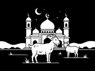 Obraz premium Islamic Qurban Scene with Goats and Mosque Silhouette