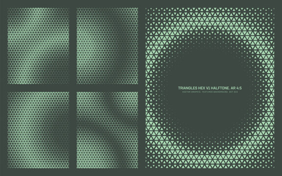 Vector triangular halftone pattern set in vertical 4:5 format with hexagonal grid and circular composition. Miltech inspired digital texture representing defense systems, data networks, development