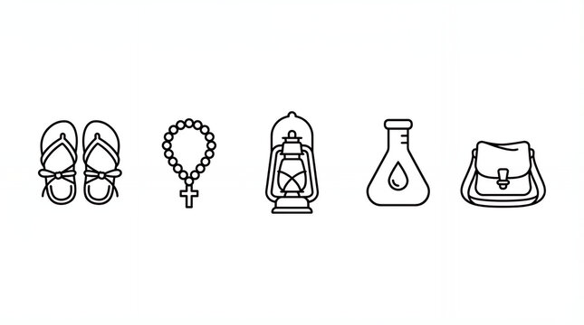 Collection of outline icons including sandals rosary lantern flask and bag.