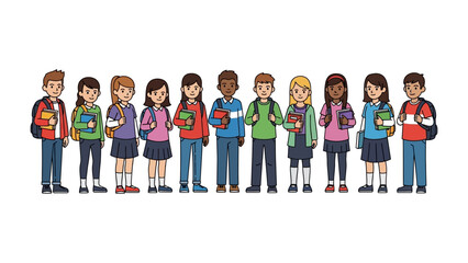 Back to School: A diverse group of students stands together, ready to embrace a new academic year. Captured with a clean, vector-style design. © MahfujaSultana