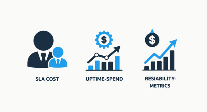 Business performance metrics icons: sla cost, uptime spend, reliability with graphs and people silhouettes, finance concept