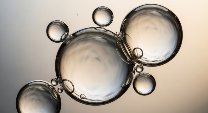 Macro shot of clear soap bubbles, transparent orbs, shiny spheres, floating objects