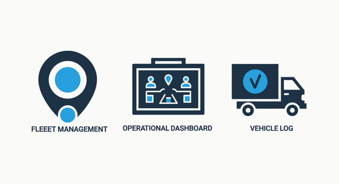 Logistics and transport icons: fleet management, operational dashboard, and vehicle log for business operations