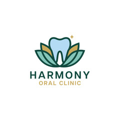 Fototapeta premium Harmony oral clinic logo features a tooth in floral leaves suitable for dental offices, dental care services, and wellness centers.