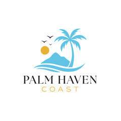 Obraz premium Palm haven coast logo featuring beach, mountain, and birds ideal for travel agencies, resorts, coastal businesses, and nature enthusiasts.