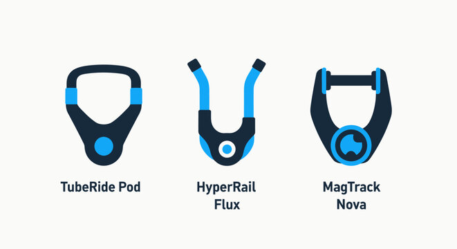 Advanced transport pods icons: tube ride pod, hyper rail flux, mag track nerva for futuristic travel and mobility - vector illustration, white background