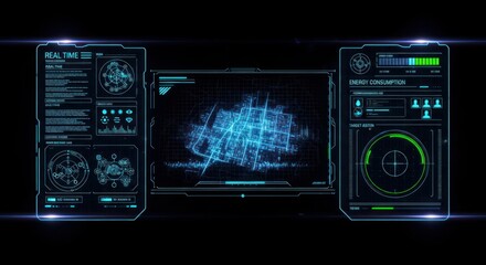 Fototapeta premium Futuristic HUD, cyberpunk interface, neon blue screens, virtual dashboard