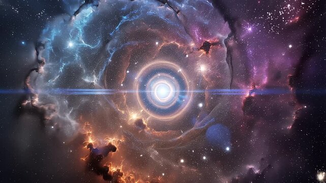 An uncharted cosmic ocean where nebulae behave like flowing liquid clouds, shimmering with iridescent colors of sapphire, crimson, and amber.
