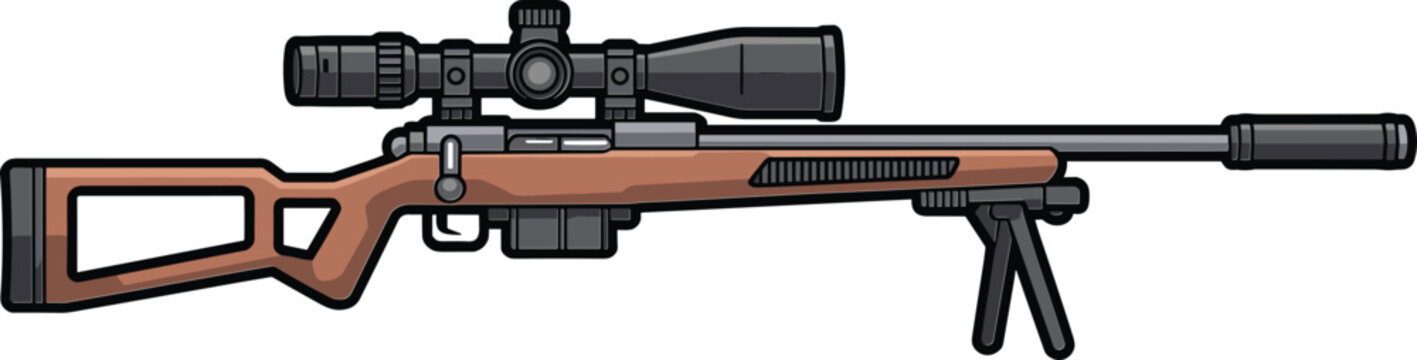 Precision sniper rifle vector illustration with telescopic scope bipod and silencer on a wooden stock for tactical gaming and military design.