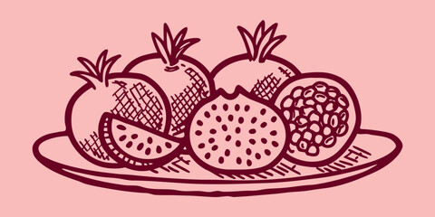 Fototapeta premium A simple sketch of various sliced and whole tropical fruits on a plate