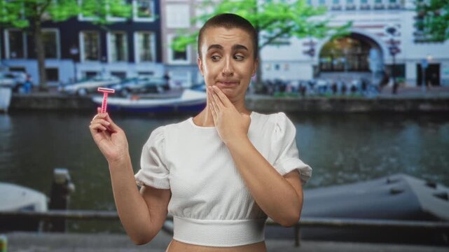 Woman with buzzcut holding pink razor and covering her mouth on a canal street in front of boats and buildings; vulnerability self care.