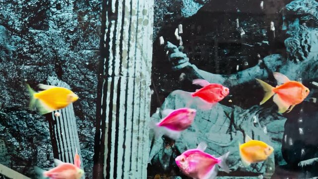 Colorful fluorescent fish swimming in a decorated aquarium with dark rocky backdrop and decorative figurines