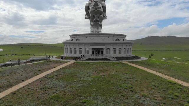 Genghis Khan statue in Mongolia showing legendary Mongol ruler heritage captured by drone view. Image reflects Mongol Empire history leadership nomadic culture and enduring influence across Asia.