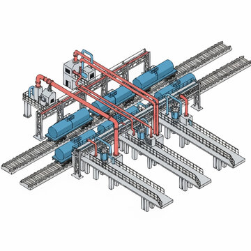 Industrial pipeline system with multiple parallel tracks and elevated structures.