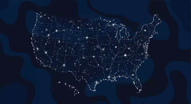 USA map constellation with glowing stars and connecting lines, celestial United States map vector, night sky astronomical map of America