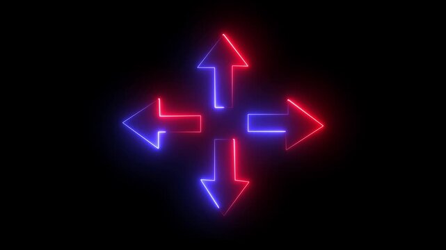 Neon Four-Way Directional Arrows &ndash; Glowing Navigation, Interface Control, and Digital Movement Concept