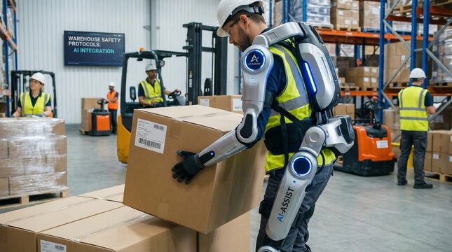 Worker wearing an exoskeleton suit assists in lifting heavy boxes in a warehouse environment, boosting productivity and safety for industrial labor