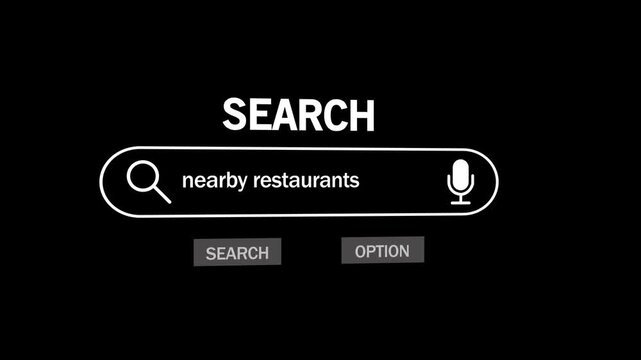 Search Bar with Nearby Restaurants Query on Computer Screen for Navigation and Location Based Services. Line Typing Text Box Layout Web Database. 3d Motion graphics on Black Background