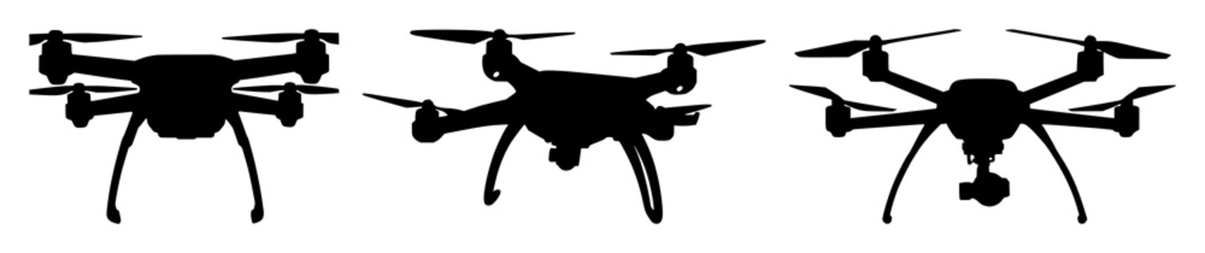 Drone set with solid black silhouette of an autonomous agricultural drone featuring multi‑spectral sensors, precision farming icon, white background with vector graphics and minimalist style