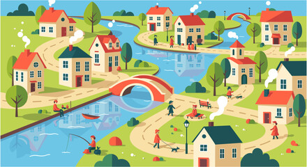 Fototapeta premium Whimsical village town with winding river and red bridge in bright sunny colorful illustration for childrens book