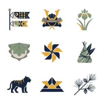 北欧風和モダンな端午の節句アイコン9種セット 白背景に孤立したミニマルな鯉のぼりと兜のイラスト こどもの日のデザインに最適な高品質素材