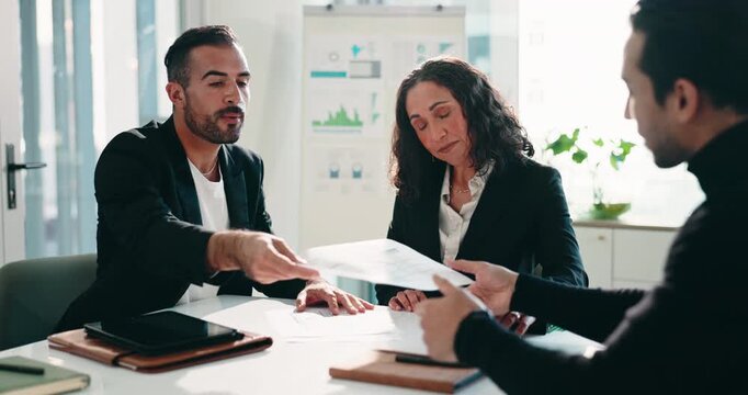 Business people, statistics and meeting with documents for perfomance review or analytics in office. Group, employees or colleagues with paperwork, graph or chart for company revenue in workplace
