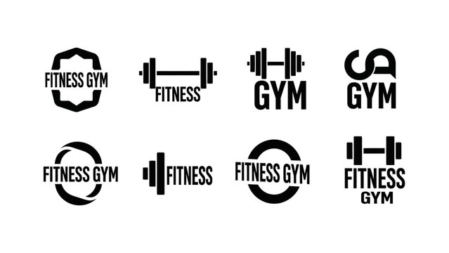 Black fitness gym logos and icons on white background