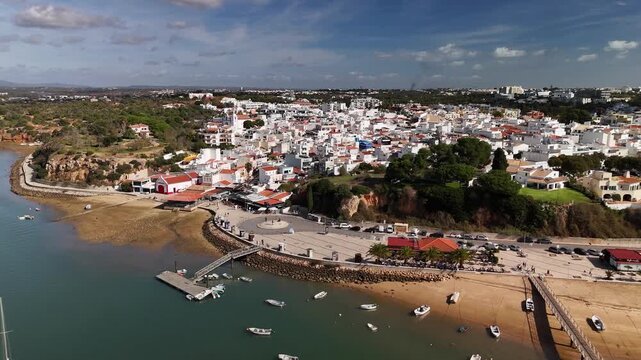 Alvor Village Portimao Algarve Aerial Drone Panning Over Marina and White Houses Portugal