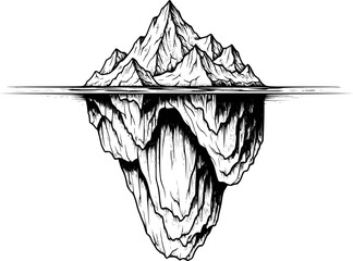 Detailed black and white ink of an iceberg with underwater reflection a white background © Nasum