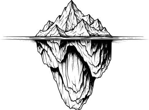 Detailed black and white ink of an iceberg with underwater reflection a white background
