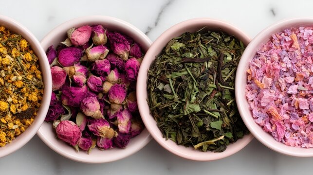 Longevity diet concept, Four bowls containing various dried herbs and flowers, including chamomile, rosebuds, green tea leaves, and pink petals, arranged on a marble surface.