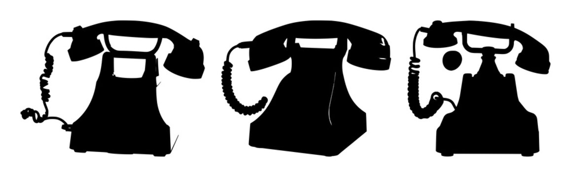 Solid black silhouette of an antique rotary dial telephone, 20th-century communication history, solid fill, white background. set with simple line art design featuring line art, illustrations, grap...