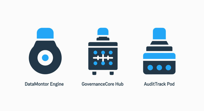 Technical data infrastructure and governance hub icons for system auditing, data processing engines, and secure management frameworks for information technology and enterprise software environments