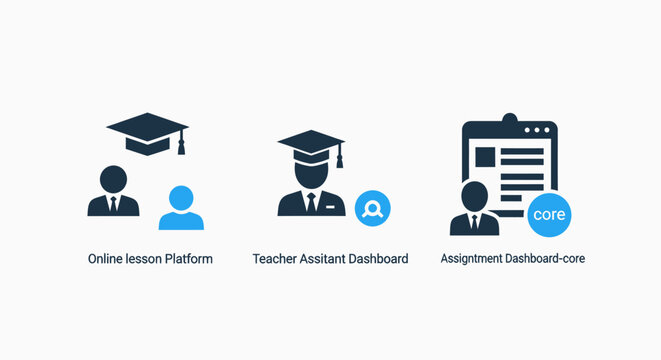 Set of academic training, education platform, and user documentation icons for learning management and student certification, e learning