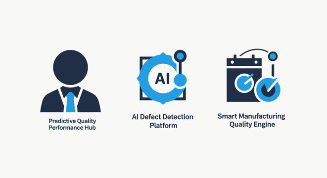 Set of AI and data quality management icons depicting predictive performance risk, defect detection platform, and smart manufacturing engine, industrial technology analysis, vector illustration