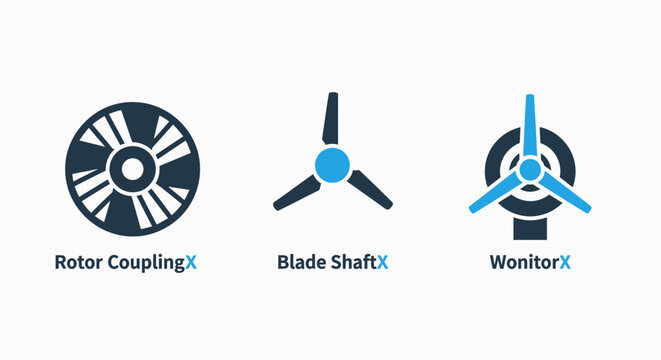 Industrial mechanical components icons set featuring rotor coupling blade shaft and turbine monitor graphics for engineering and manufacturing technical schematics and machinery diagnostics maintenanc