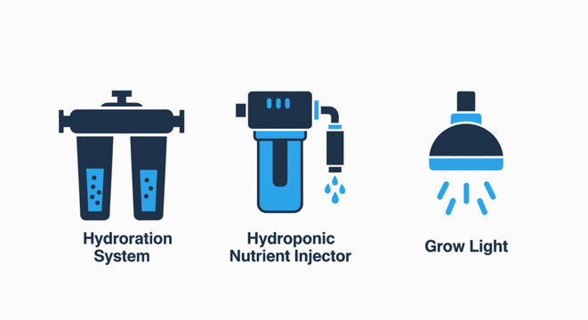 Hydroponic gardening and agricultural irrigation system icons with grow lights and nutrient injectors