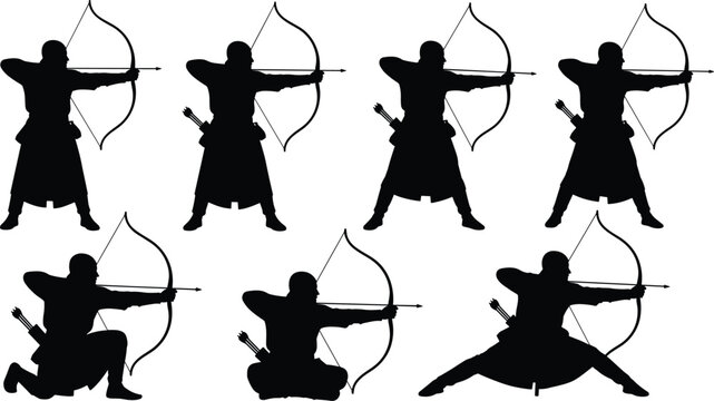 Archer silhouette set with bow and arrow isolated on white background, warrior in different poses, black vector illustration for hunting, medieval, and sport design