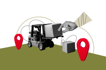 Composite photo collage of hand hold box cardboard shipment loader vehicle delivery postal...