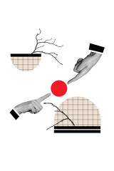 Vertical photo collage of two index finger show coin money imitation outdoors tree branch spring...