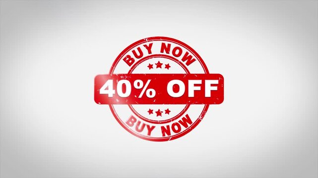 A video showcasing a red stamp with a buy now and 40 percent off discount offer