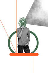Vertical photo collage of minded headless guy hand hold chin brainstorm concept chaos thoughts...