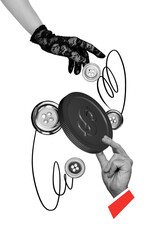 Vertical poster collage hands body fragments pick take coin token currency dollar sleeve trader...