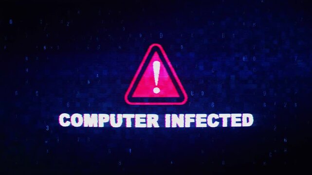 A video warning sign about a computer infected with a virus on a dark background