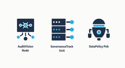 Fototapeta premium Digital infrastructure and data governance icons representing network nodes server management and policy control units isolated on white background