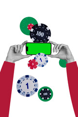 Vertical photo collage of hands hold phone device throw chip casino game winner jackpot roulette...