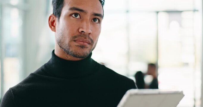 Business, man and reading with tablet in office for research, schedule viewing and real estate. Thinking, person and digital to email client, resale solution and pricing property for auction inquiry