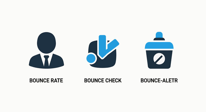Digital marketing metrics icon set including bounce rate indicator, bounce check verification and alert notification for website traffic analysis and user engagement performance monitoring
