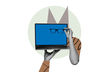 Composite photo collage of faceless human hold glasses optician macbook device consultation patient...