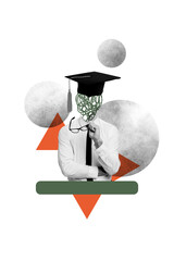 Vertical photo collage of minded faceless man wear academic master hat think idea hold glasses...